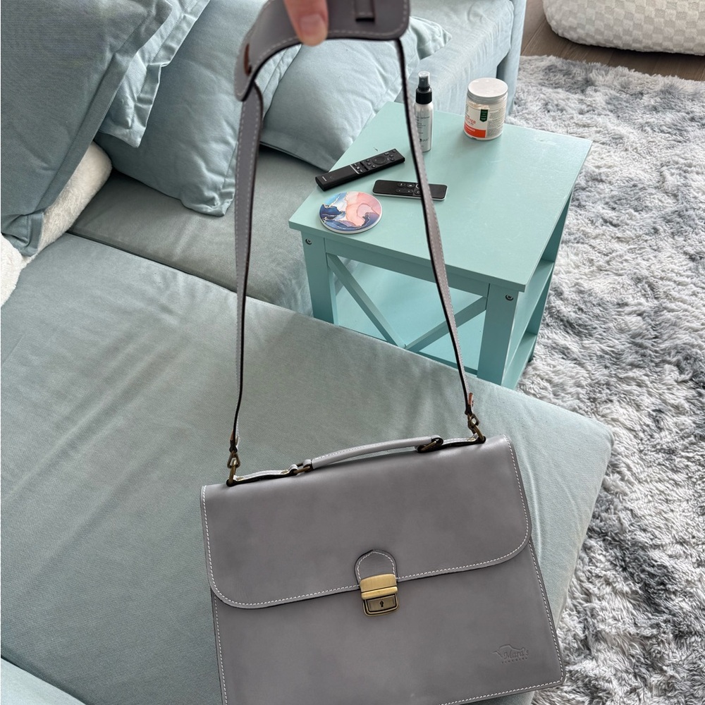Elegant Gray Leather Handbag Fits Laptop